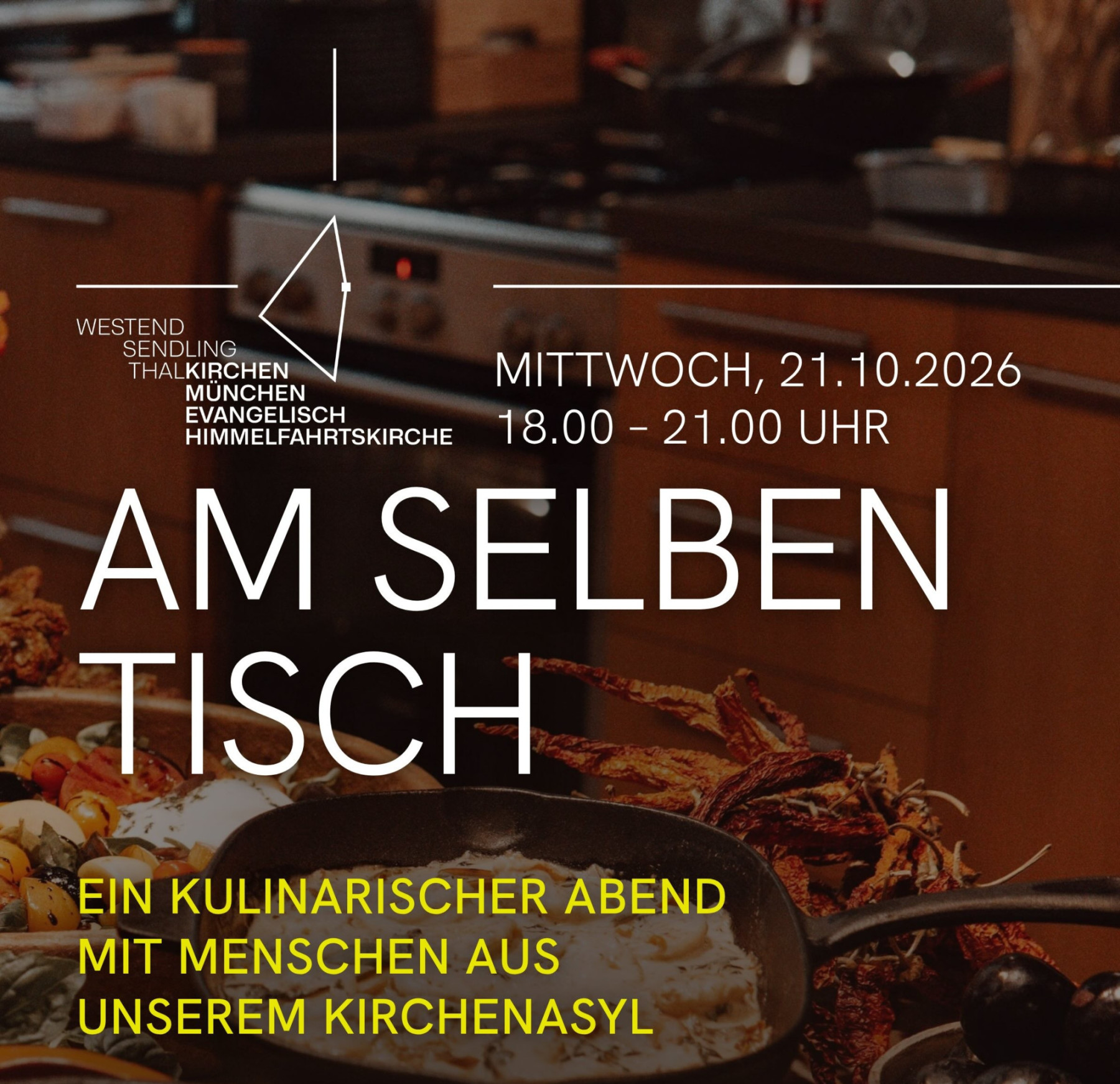 Kirchenasyl in der Himmelfahrtskirche in Sendling. Abbildung einer Küche mit Chili und einer Pfanne mit Essen. Einladung zur Veranstaltung am selben Tisch