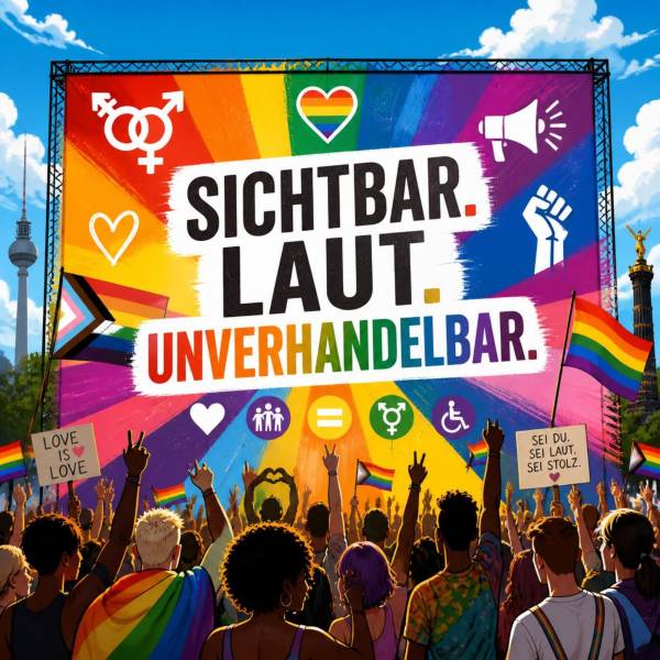 Demonstranten vor einem Banner mit Aufschrift 